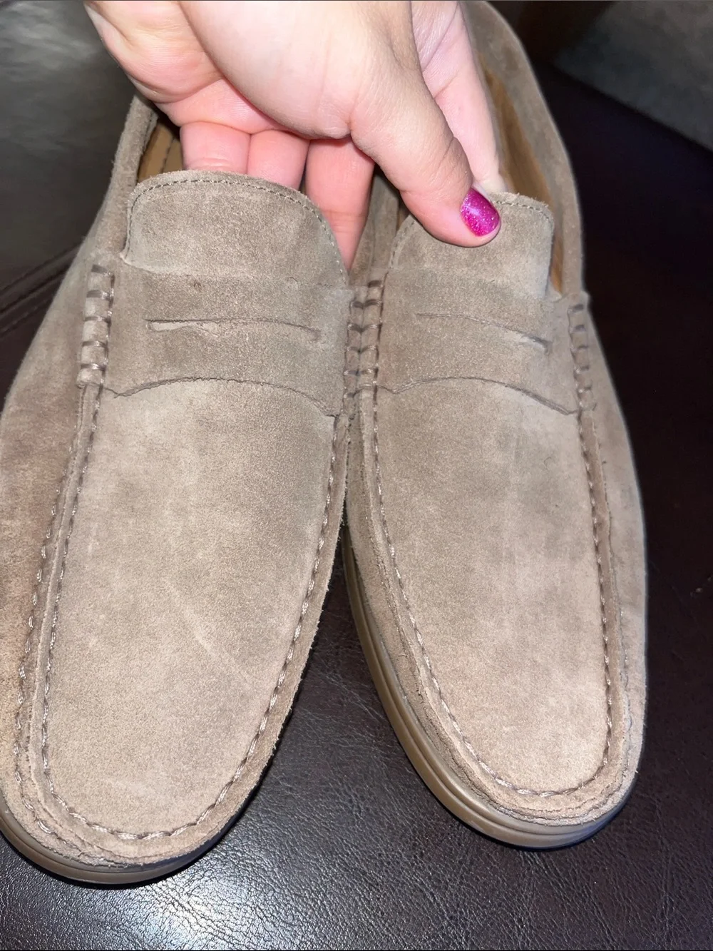 Men's Suede Penny Loafers in Taupe